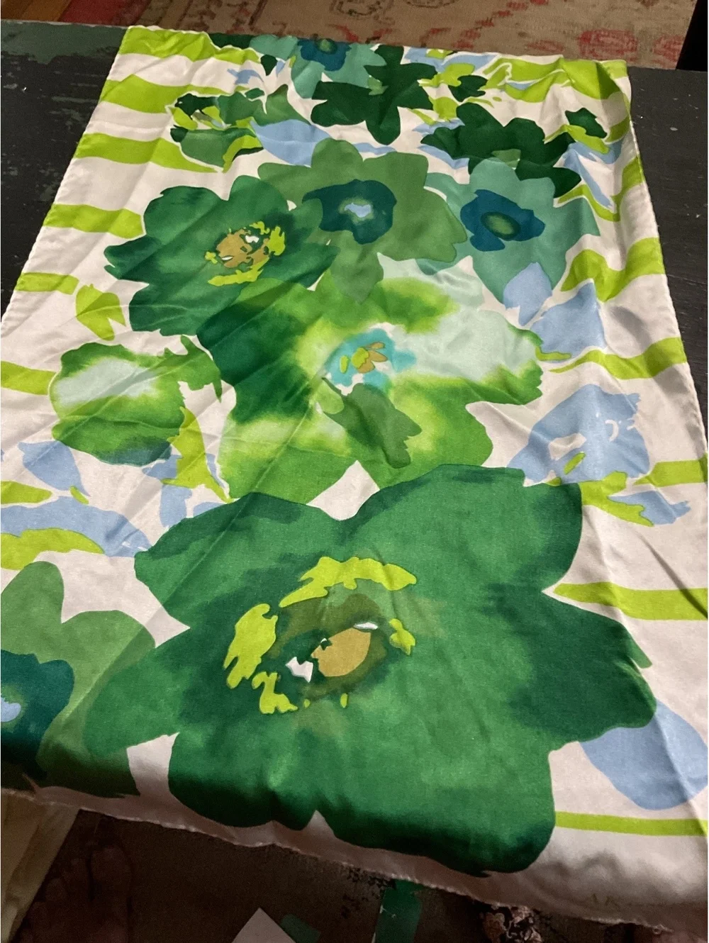 Anne Klein 100% Silk Floral Scarf with Green and Blue Pattern